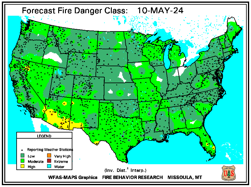 Image of the current fire danger conditions across the US