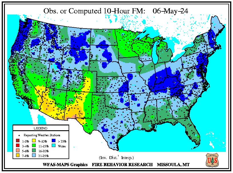 WFAS 10-Hour Fuel Moisture - Observed / Computed (click left or right to view the Forecast 10-Hour Fuel Moisture)