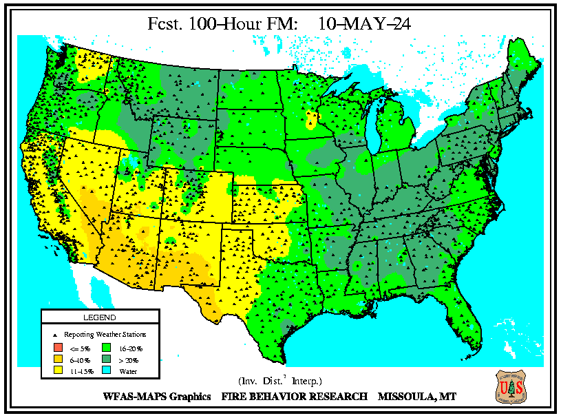 WFAS 100-Hour Fuel Moisture - Forecast (click left or right to return to Observed / Computed 100-Hour Fuel Moisture)