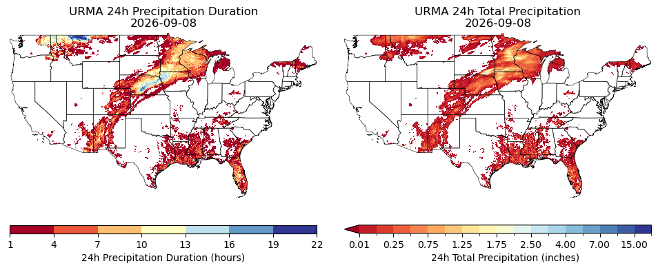 24-hour precipitation duration and 24-hour total precipitation gridded weather map