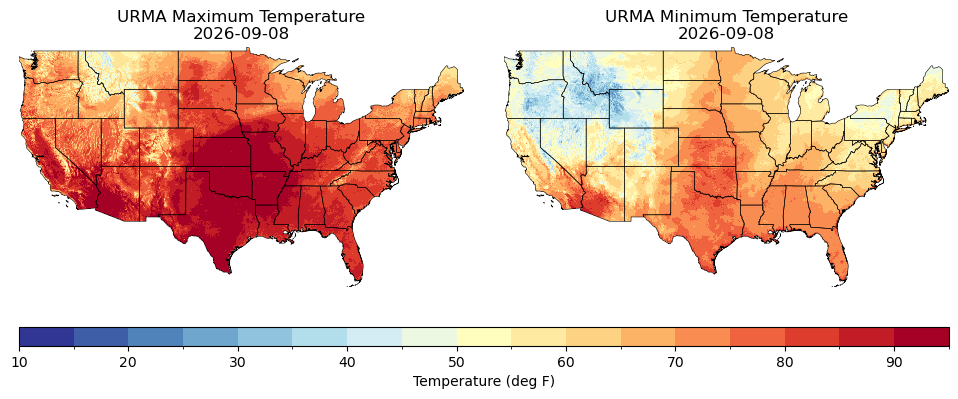 Maximum and minimum temperature gridded weather map