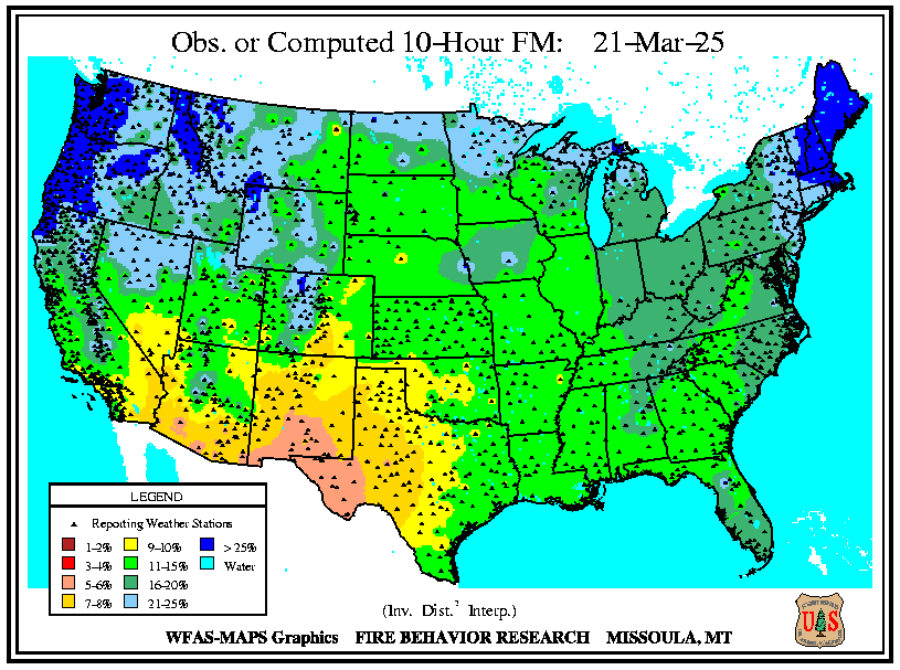 WFAS 10-Hour Fuel Moisture - Observed / Computed (click left or right to view the Forecast 10-Hour Fuel Moisture)