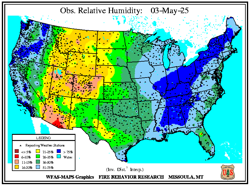 U.S. Observed 24hr Humidity Map