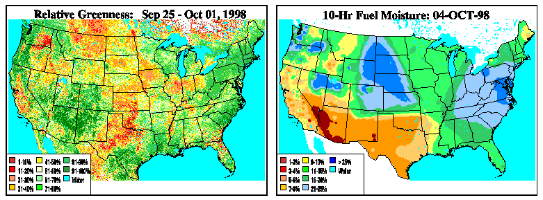 Relative Greenness, 10-hour Fuel Moisture maps